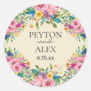 Sticker Rond Rose Bleu Jaune Floral Mariée Marié Mariage