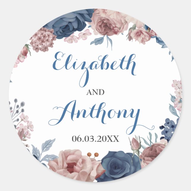 Sticker Rond Rose bleu marine Aquarelle Mauve Mariage floral (Devant)