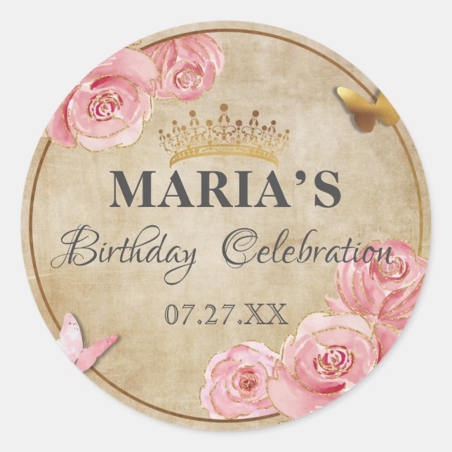 Sticker Rond Rose Bleu rose papillon Couronne or Quinceanera (Devant)