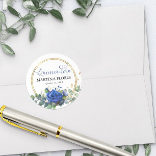 Sticker Rond Rose Bleu Royale Quinceanera Calligraphie Élégante