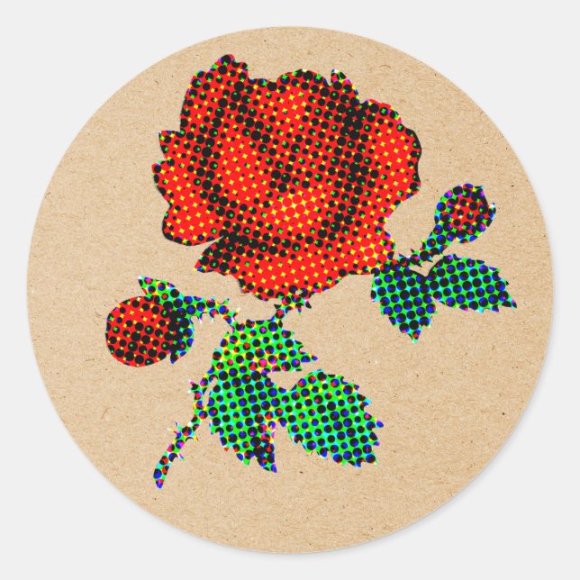 Sticker Rond Rose Bloom Halftone on Brown Paper Fine Art (Devant)