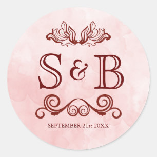 Sticker Rond Rose Blush Aquarelle Mariage Monogramme