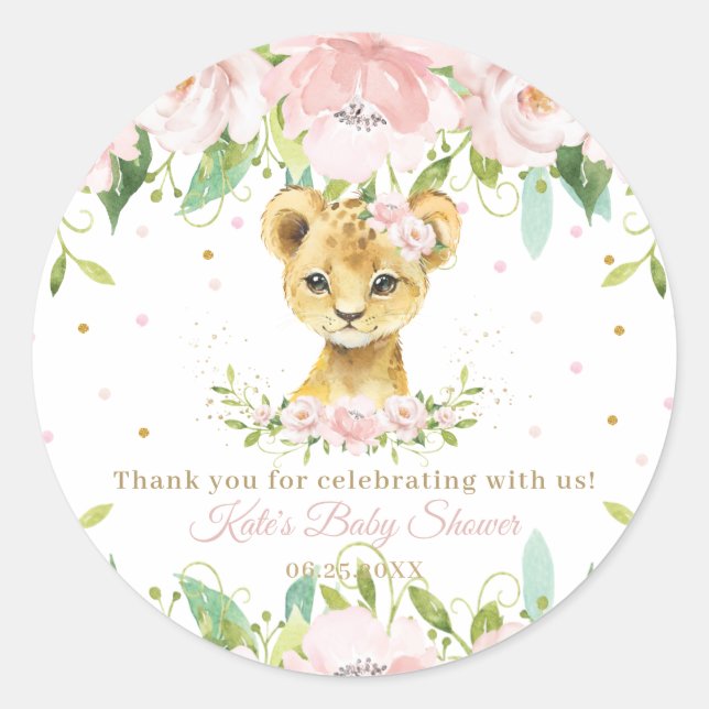 Sticker Rond Rose Blush Floral mignon Lion Douche Merci Favoris (Devant)