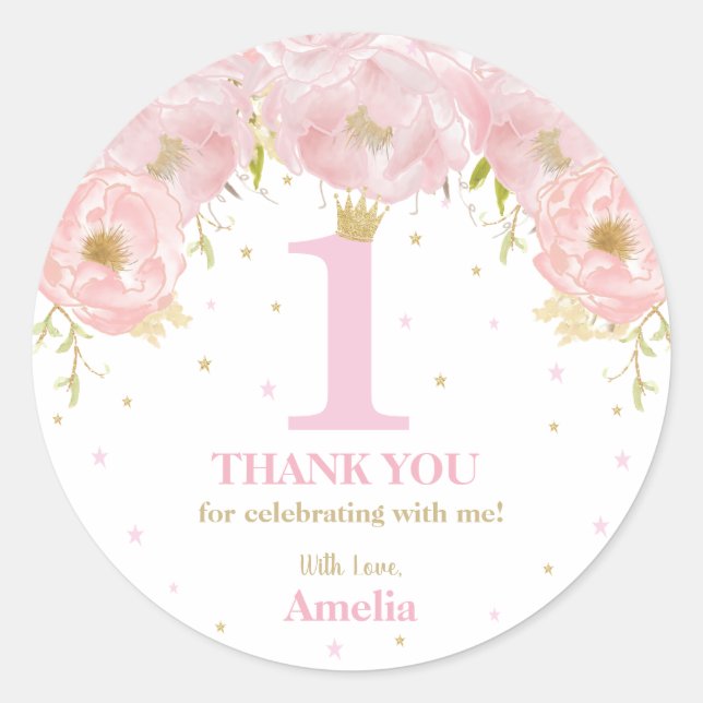 Sticker Rond Rose Blush Floral Or 1er anniversaire fille prince (Devant)