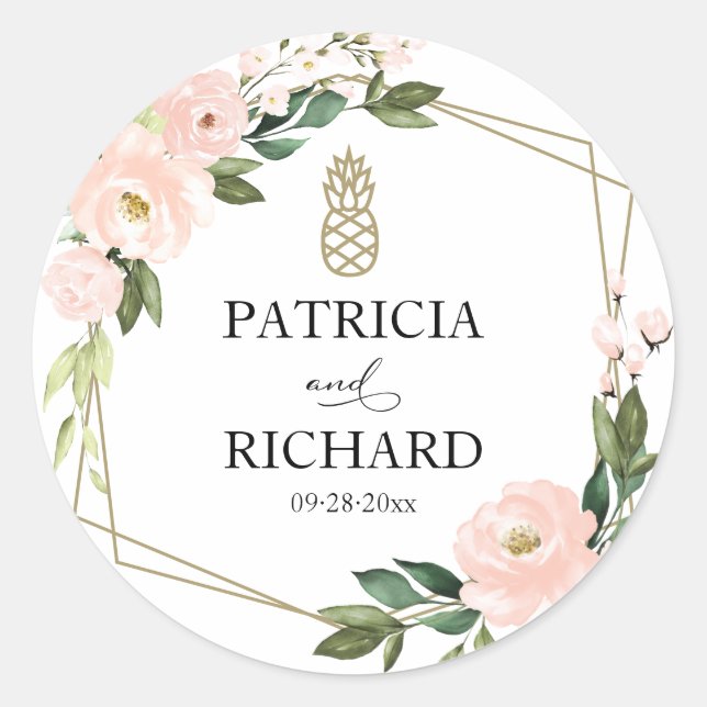 Sticker Rond Rose Blush Floral Or Géométrique Mariage Classique (Devant)