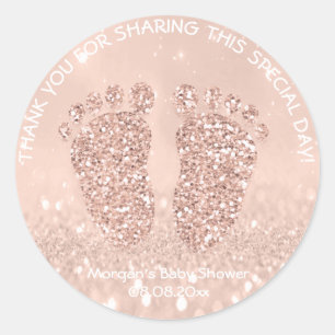 Sticker Rond Rose Blush Parties scintillant Pieds Baby shower F