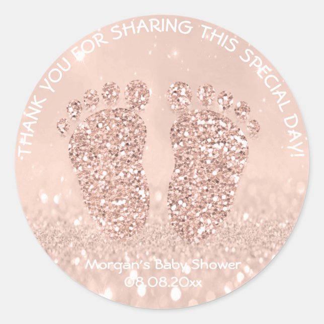 Sticker Rond Rose Blush Parties scintillant Pieds Baby shower F (Devant)