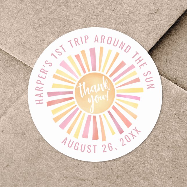 Sticker Rond Rose Bohème 1er Tour Autour Du Soleil (Pink Boho 1st Trip Around The Sun Classic Round Sticker )