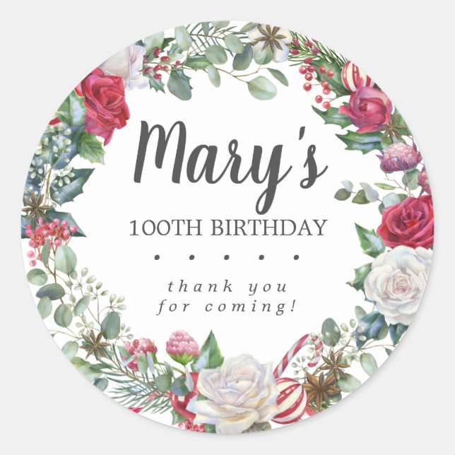 Sticker Rond Rose botanique d'hiver 100e anniversaire Merci (Devant)