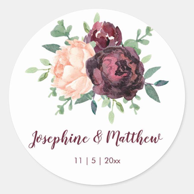 Sticker Rond Rose Bourgogne Peach Peony Mariage floral (Devant)