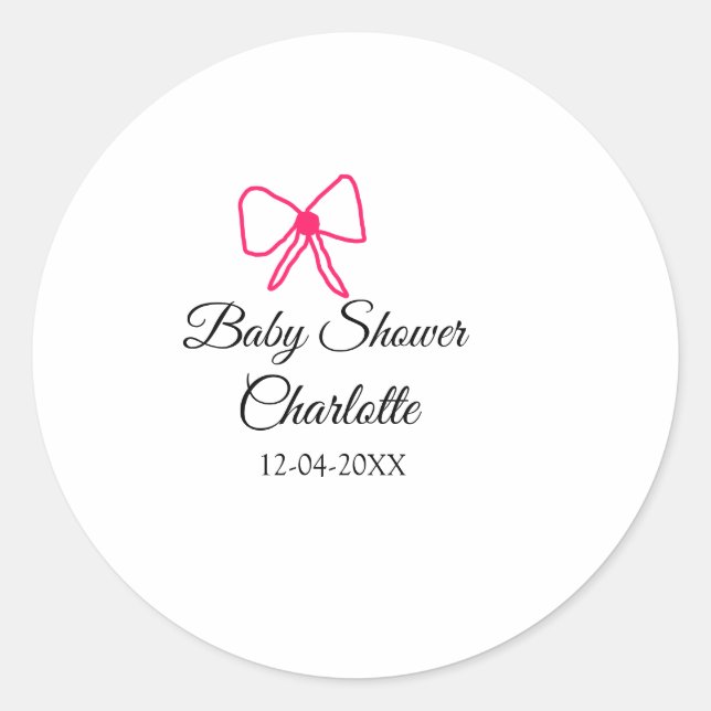 STICKER ROND ROSE BOW SIMPLE BABY SHOWER AJOUTER LE NOM DATE MI (Devant)