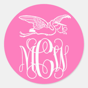 Sticker Rond Rose Chaud Blanc Vigne Monogramme Police Stork Béb