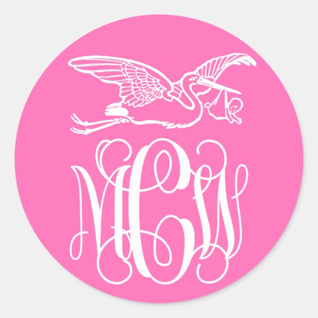 Sticker Rond Rose Chaud Blanc Vigne Monogramme Police Stork Béb (Devant)