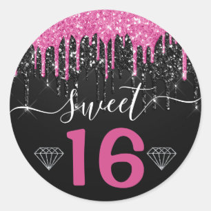 Sticker Rond Rose Chaud et Noir Paillettes qui Coulent Sweet 16