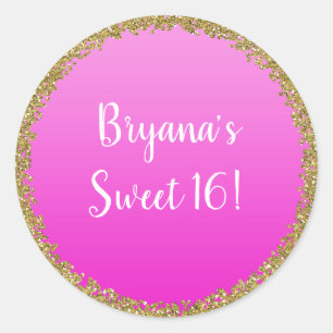 Sticker Rond Rose Chaud Pailleté Or Glitter Glam Fête