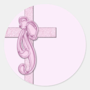 Sticker Rond Rose clair avec croix rose/ruban