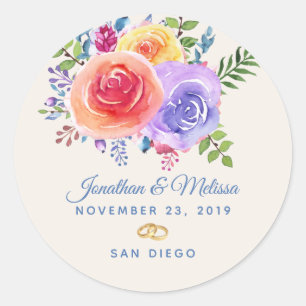 Sticker Rond Rose coloré aquarelle Mariage floral