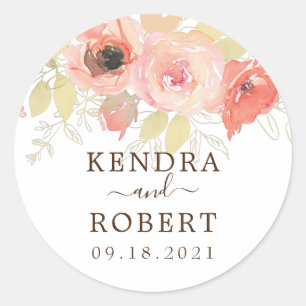 Sticker Rond Rose Corail Rose et Feuilles Dorées Fleurs Mariage