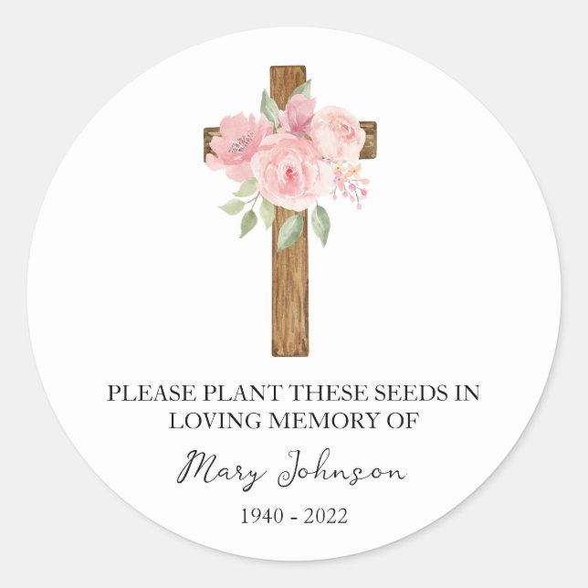 Sticker Rond Rose Cross Memorial Funeral Seed Packet (Devant)