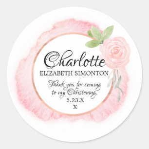Sticker Rond Rose d'aquarelle rose Christening personnalisé