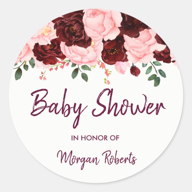 Sticker Rond Rose de Bourgogne et Baby shower floral rose (Devant)
