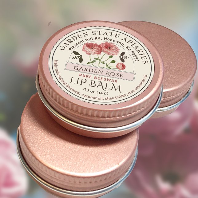 Sticker Rond Rose de jardin Beeswax Lip Balm avec Rose Flower B (Créateur téléchargé)