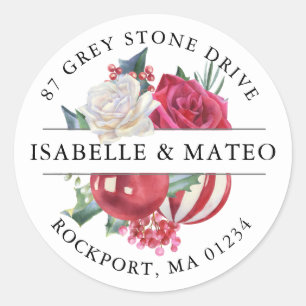 Sticker Rond Rose de Noël Floral Adresse de retour Label