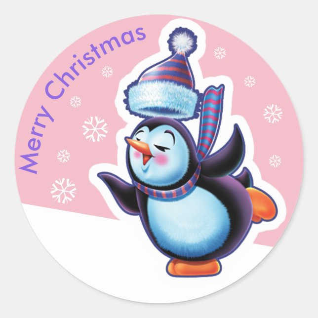 sticker rond rose de Noël Patinage de pingouin. (Devant)