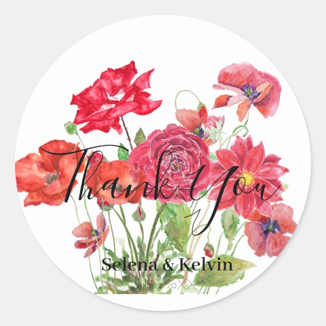 Sticker Rond rose de pavot rouge dahlia ranunculus bouquet (Devant)