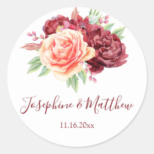 Sticker Rond Rose de Pêche de Bourgogne Aquarelle Mariage Flora