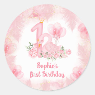 Sticker Rond Rose de plumes de cygne rose blanc fille 1er anniv