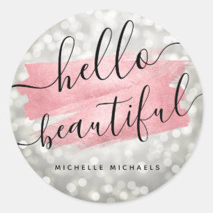Sticker Rond Rose de script Lumières d'argent or "Hello Beautit