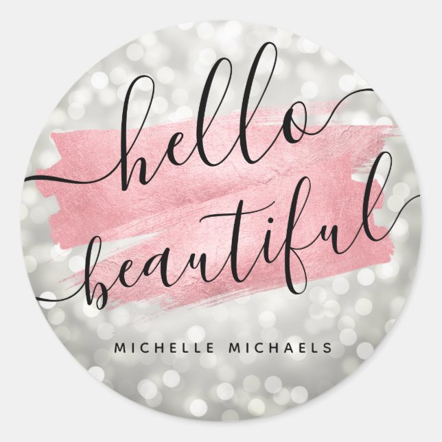 Sticker Rond Rose de script Lumières d'argent or "Hello Beautit (Devant)