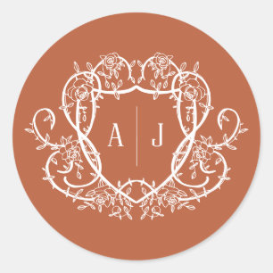 Sticker Rond Rose Débridée Monogramme Blason Mariage Terracotta