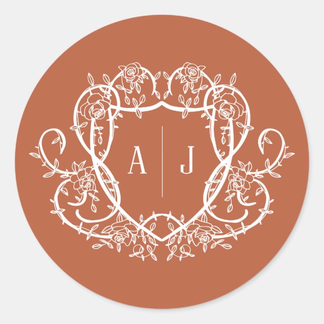 Sticker Rond Rose Débridée Monogramme Blason Mariage Terracotta (Devant)
