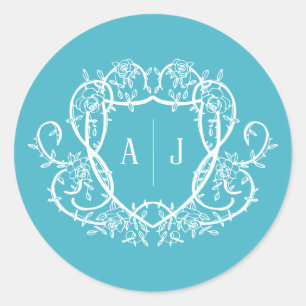 Sticker Rond Rose Débridée Monogramme Blason Mariage Turquoise
