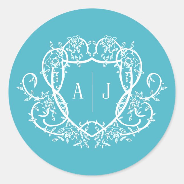 Sticker Rond Rose Débridée Monogramme Blason Mariage Turquoise (Devant)