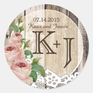 Sticker Rond Rose Dentelle en bois Rustique Mariage campagnard