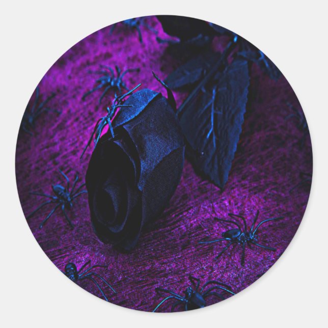 Sticker Rond Rose éffrayant en matière noire, araignées noires (Devant)