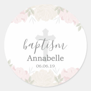 Sticker Rond Rose en pastel et baptême floral en ivoire de bé