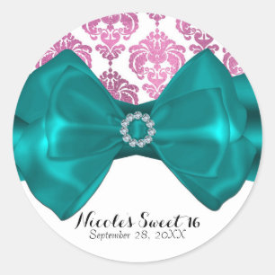 Sticker Rond Rose et blanc damassé ruban sarcelle glamour fête 