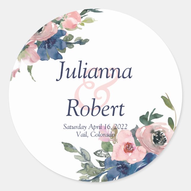 Sticker Rond Rose et bleu aquarelle florale mariage classique o (Devant)