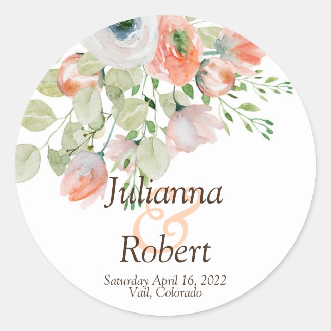 Sticker Rond Rose et bleu aquarelle florale mariage classique o (Devant)