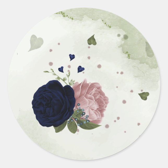 Sticker Rond rose et bleu marine fleurs verdure (Devant)