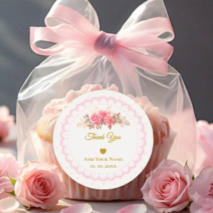 Sticker Rond Rose et Or Script "Merci avec beaucoup d'amour"