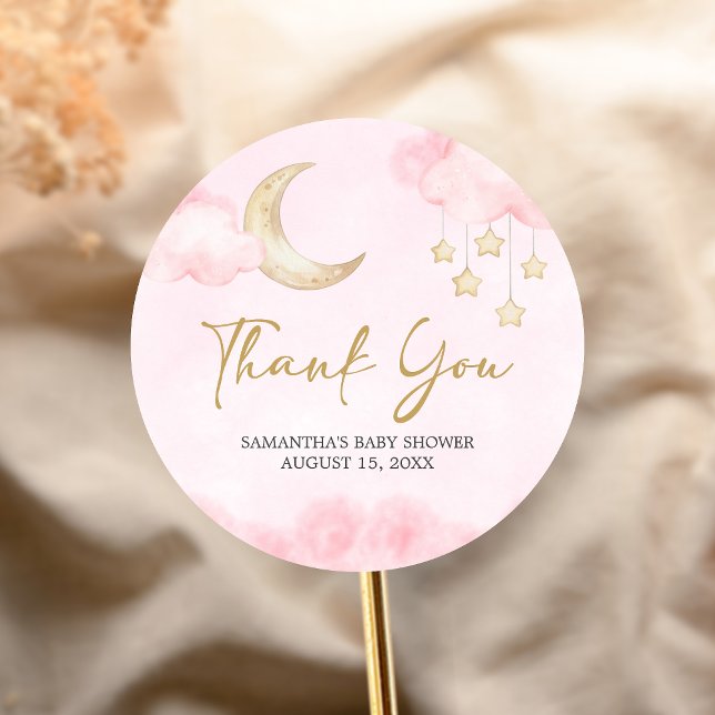 Sticker Rond Rose Fête de Bébé Over the Moon  (Over the Moon Baby Shower Sticker)