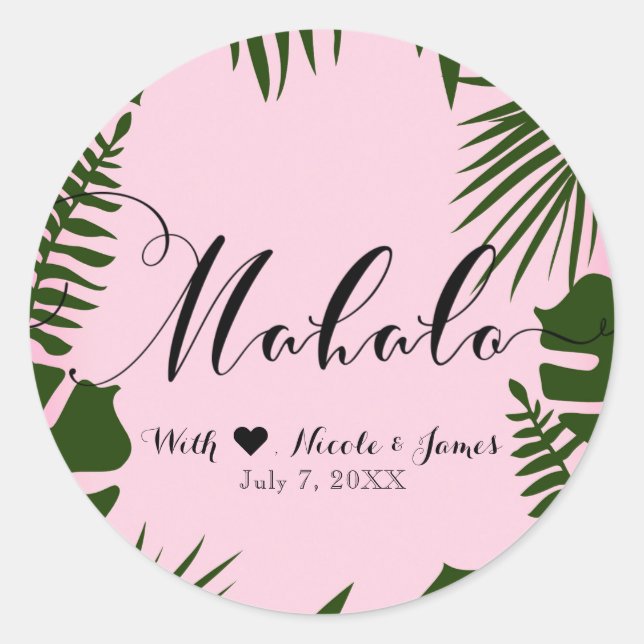 Sticker Rond Rose Feuilles Tropicales Vertes Mariage de Plage M (Devant)