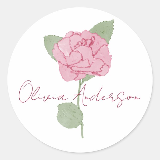 Sticker Rond Rose Fleur Aquarelle Minimal Personnalisé Nom  (Devant)