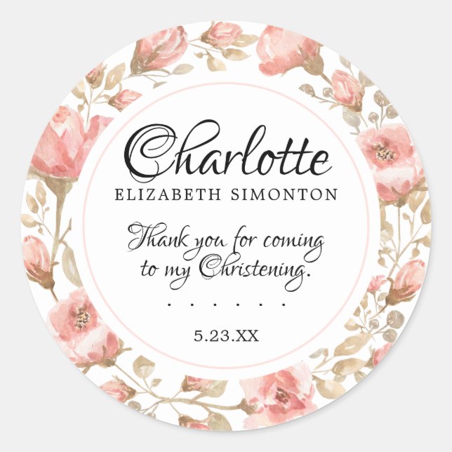 Sticker Rond Rose Floral Christening Personnalisé (Devant)