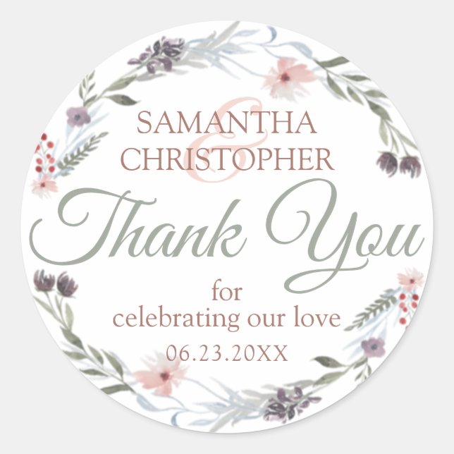 Sticker Rond Rose Floral Gold Green Script Mariage Merci (Devant)